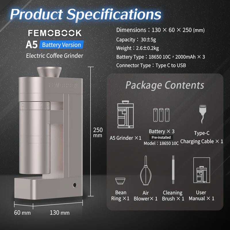Femobook A5 Electric Coffee Grinder – 53mm Burr