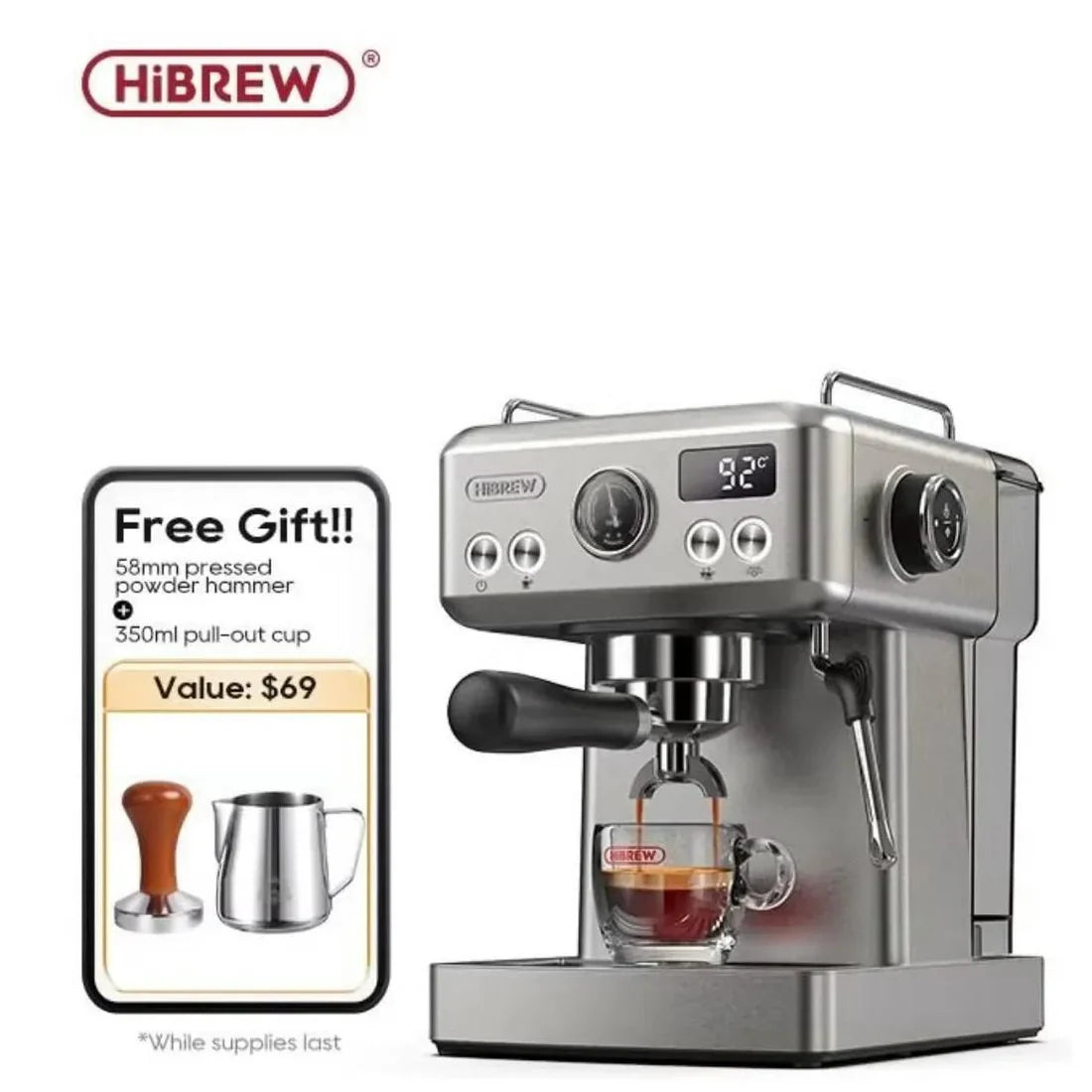 HiBREW H10A 20-Bar Semi-Automatic Espresso Machine + G3 Grinder