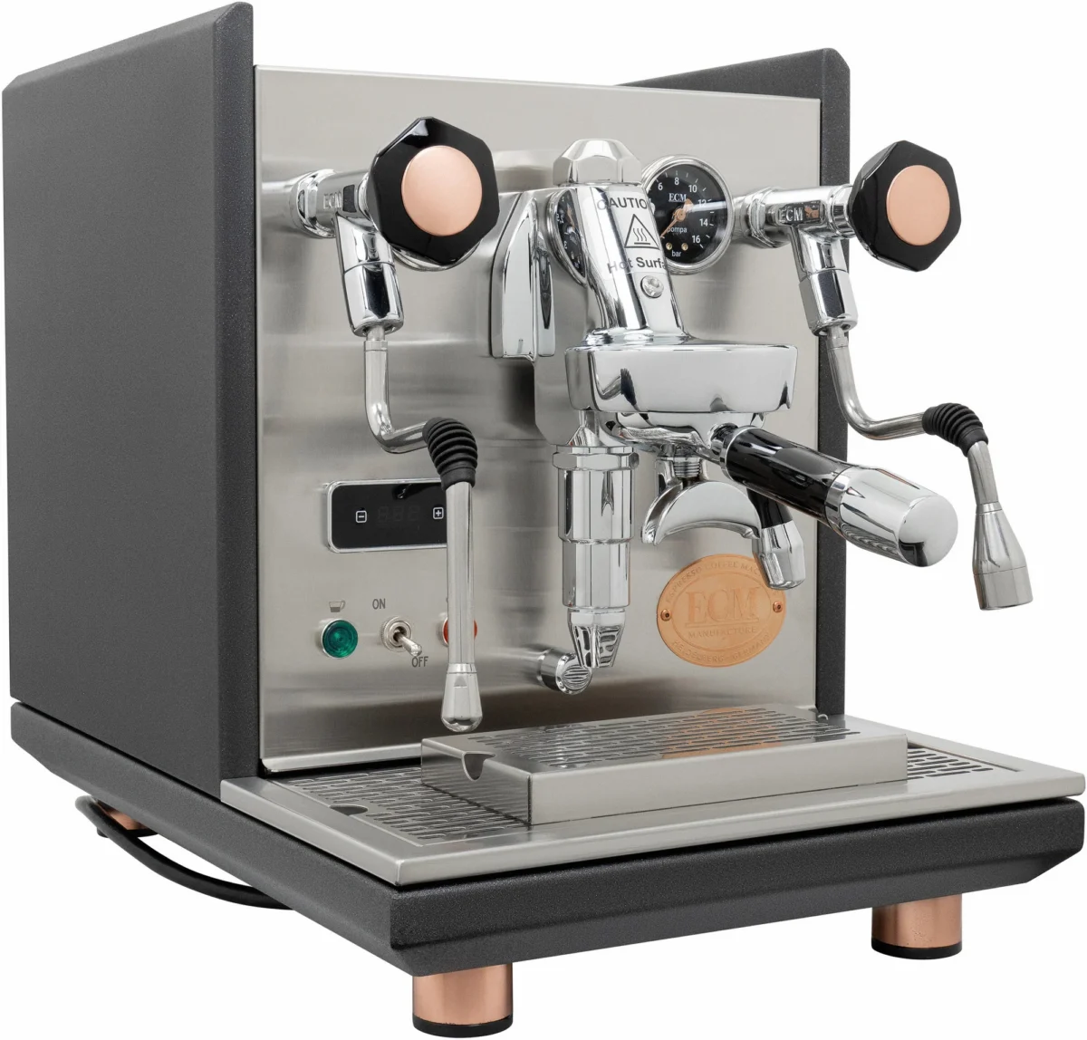 <strong data-start="52" data-end="76">Product Description:</strong><br data-start="76" data-end="79" />For those who demand the highest standards in both design and performance, the ECM Synchronika is the ultimate choice. This premium dual boiler espresso machine is built with professional-grade components, ensuring unparalleled precision and flexibility. With separate boilers for brewing espresso and steaming milk, users can independently control temperatures for optimal extraction and milk frothing. The Synchronika’s sophisticated design, featuring a powder-coated anthracite chassis, polished stainless steel body, and retro-style pressure gauges, makes it a standout addition to any home or commercial setup. ECM Synchronika Dual Boiler Espresso Machine